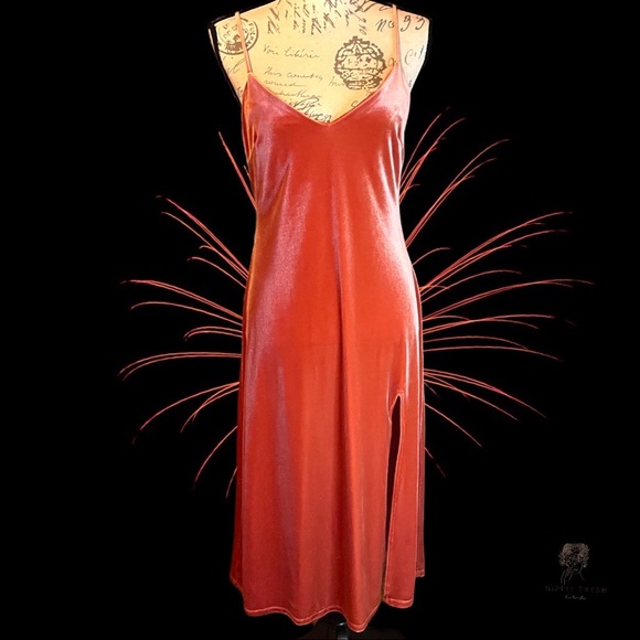 Forever 21 Winter Collection Salmon Pink Velvet Midi Dress Size M - Picture 3 of 9